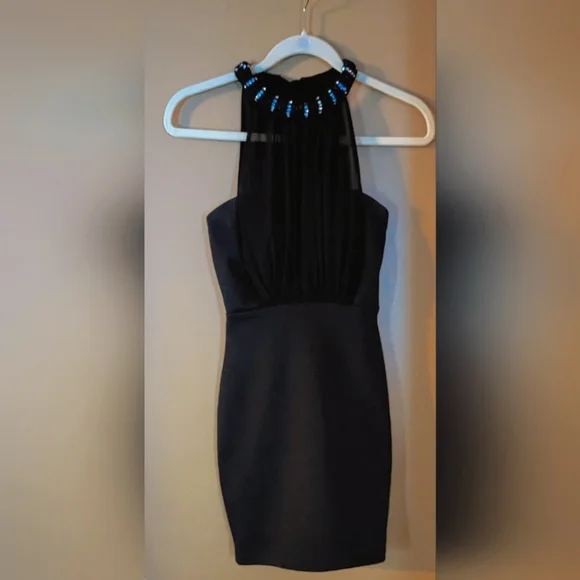Just Me Dresses | Just Me Halter Mini Dress With Clear Crystals & Sheer Overlay Black Sz Small | Color: Black | Size: S | Heathermorra's Closet